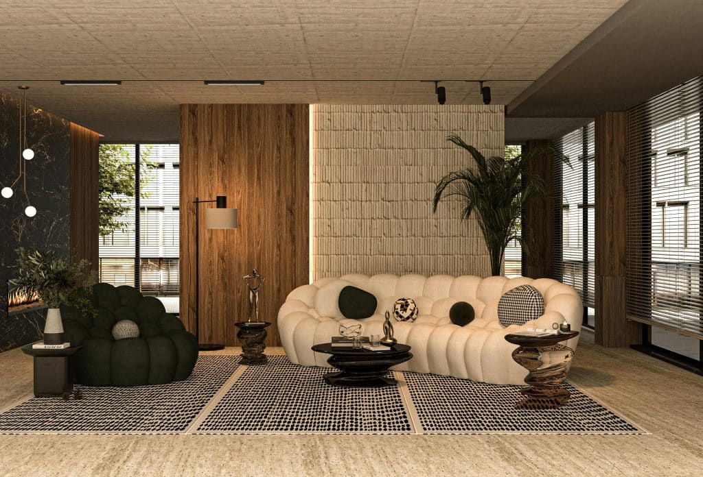 Interiörrendering av ett högklassigt vardagsrum i Casablanca