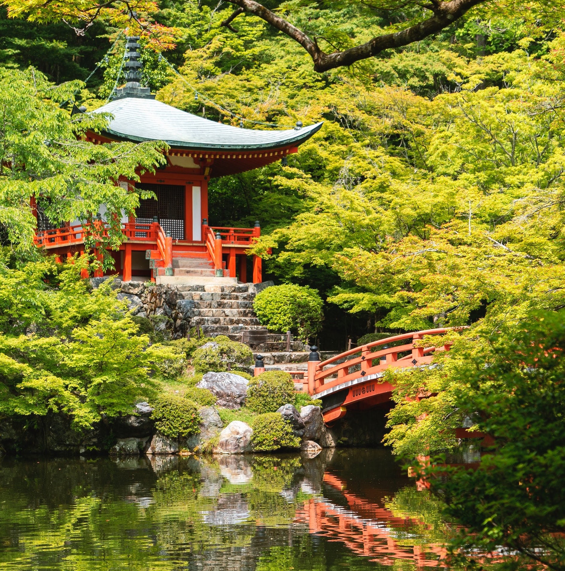 Traditionellt tempel i Kyoto omgivet av grönska, lugn atmosfär och klassisk japansk arkitektur.