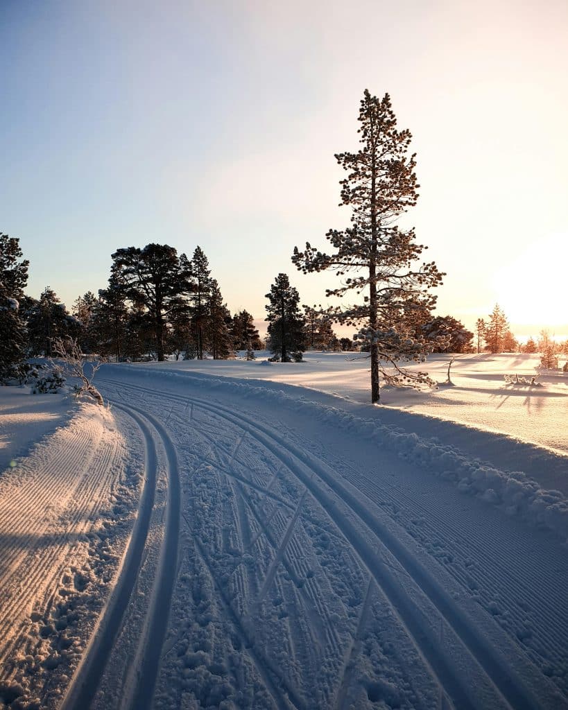 Stillamt fjällandskap i Vemdalen med snötäckta berg och skidpister.
