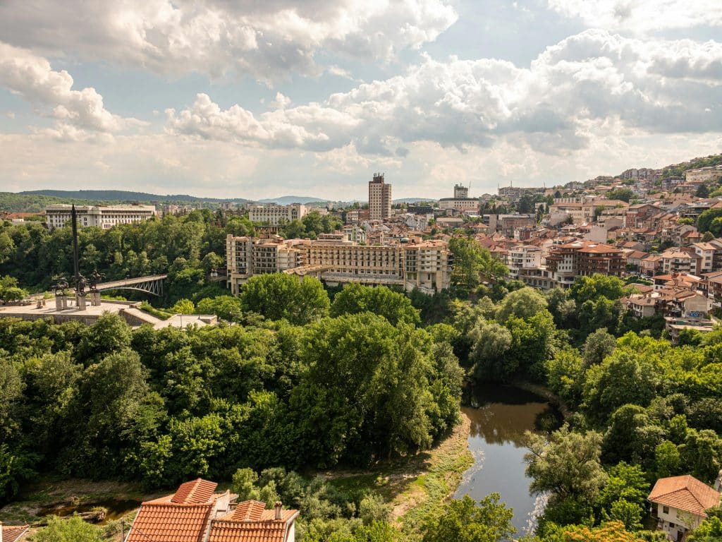Panoramic view of Veliko Tarnovo city and Yantra River with historic architecture in Bulgaria